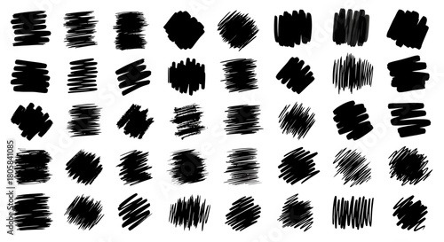 A large set of hand-drawn black scribble and hatching textures isolated on a white background.