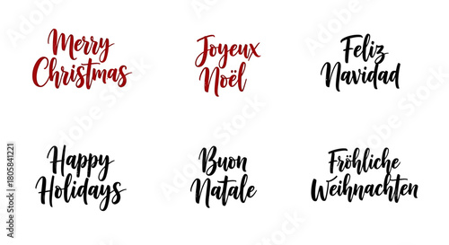 Collection of festive holiday and Christmas greetings in multiple languages, including English, French, Spanish, Italian, and German, presented in elegant script fonts.