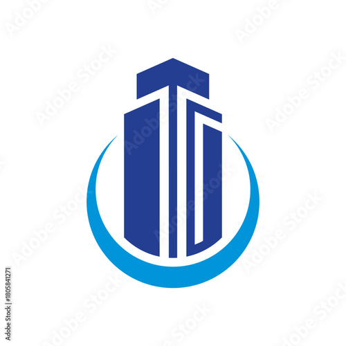 Abstract building tower logo in blue tones