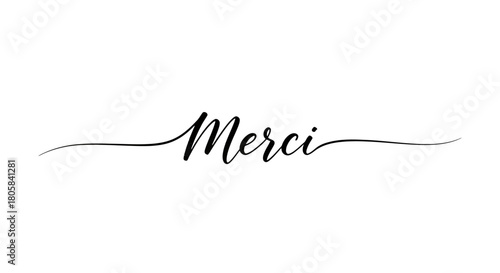 The French word 'Merci', meaning thank you, written in elegant black calligraphy with flourishes on a white background.