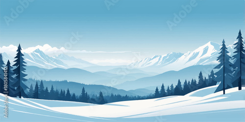 Winter mountain valley covered in soft snow with pine forests along the horizon.