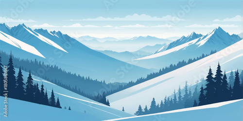 Cold and tranquil winter horizon showing snowfields beneath vast blue mountains.