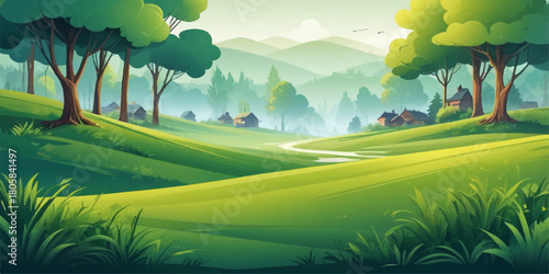 Vibrant rural landscape artwork showcasing open fields, green forests, and warm atmosphere.