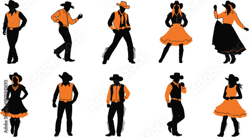 Collection of western country dance silhouettes featuring cowboy and cowgirl outfits, boots, hats, and dynamic line dancing poses.