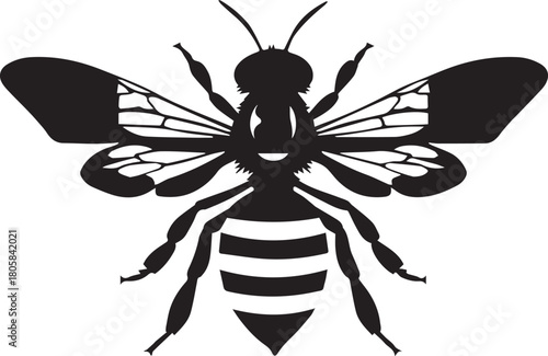 Bee Silhouette in Graphic Art: A detailed black and white silhouette of a bee, showcasing the intricate design of the insect, is perfect for illustrating concepts related to nature and conservation.