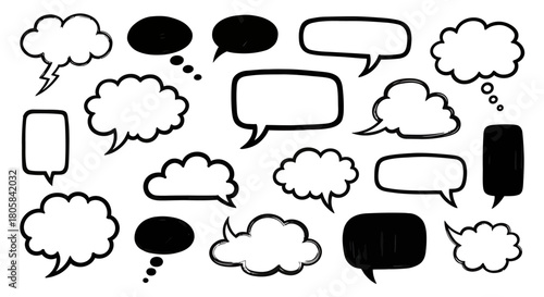 A diverse collection of hand-drawn speech bubbles and thought clouds in various shapes and styles, isolated on a white background.