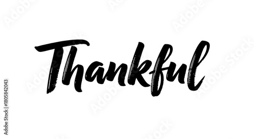 Black brush script text "Thankful" on a clean white background, expressing gratitude and appreciation in a stylish way.