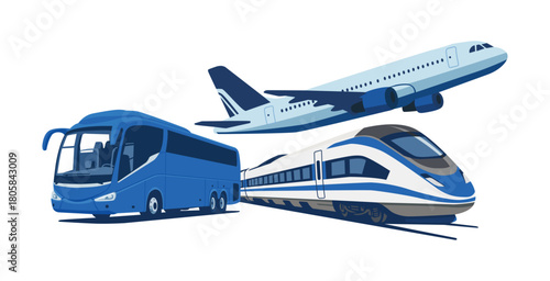 Collection of modern public transport: bus, airplane, and high-speed train.