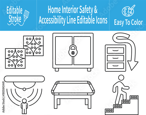 Home Interior Safety & Accessibility Line Icons featuring Anti-Slip Flooring, Child-Safe Cabinet Lock, Low-Height Safe Storage, Smoke & Gas Alert, Edge Protection, Step Illumination