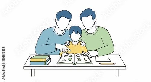 Diverse Family Reading Together Two Fathers Teaching Their Child with a Book