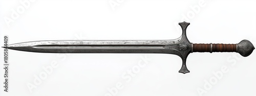 ornate medieval-style longsword with double-edged steel blade, central fuller, decorative crossguard, leather-wrapped grip and engraved pommel on white background, stoic elegance