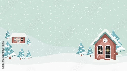 Animation snowy Christmas village scene with cozy houses, falling snow, and winter trees. Perfect festive background for holiday projects.