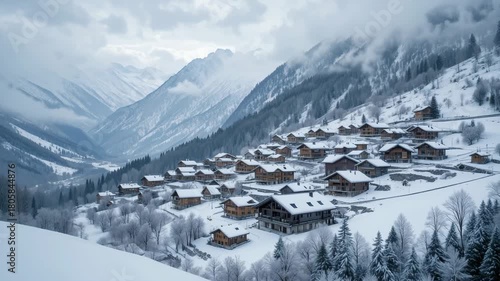 Snowy winter landscape in the Swiss and Austrian Alps, offering a panoramic view of glacier peaks, mountain lakes, and a bright sky