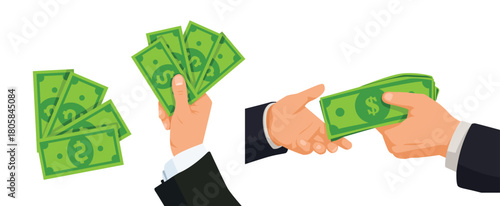 Hands holding and exchanging stylized green dollar bank notes and cash.