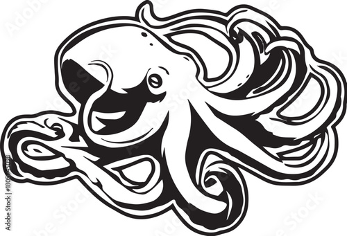 Intricate Octopus Illustration: A bold black-and-white illustration of an octopus, showcasing its unique tentacles and captivating form, perfect for design and marine-themed projects.