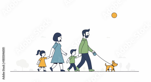 Happy Family Walking Dog Outdoors Flat Design Illustration
