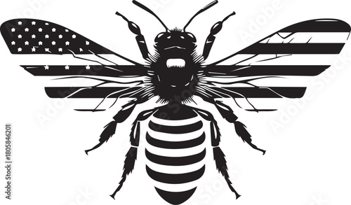 American Bee in Silhouette: A striking silhouette of a bee, with its wings adorned with the stars and stripes of the American flag, symbolizes the strength, diligence, and unity of the nation. 