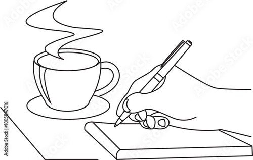 Person writing notes with pen beside coffee cup line art vector icon.
