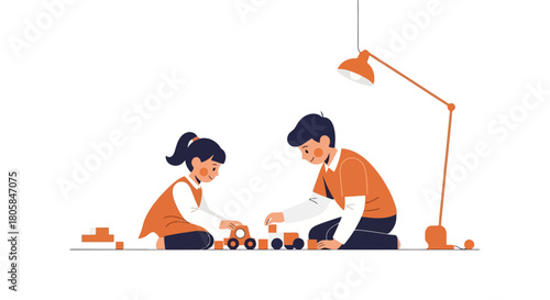 Happy Young Siblings Playing Together with Building Blocks Indoors