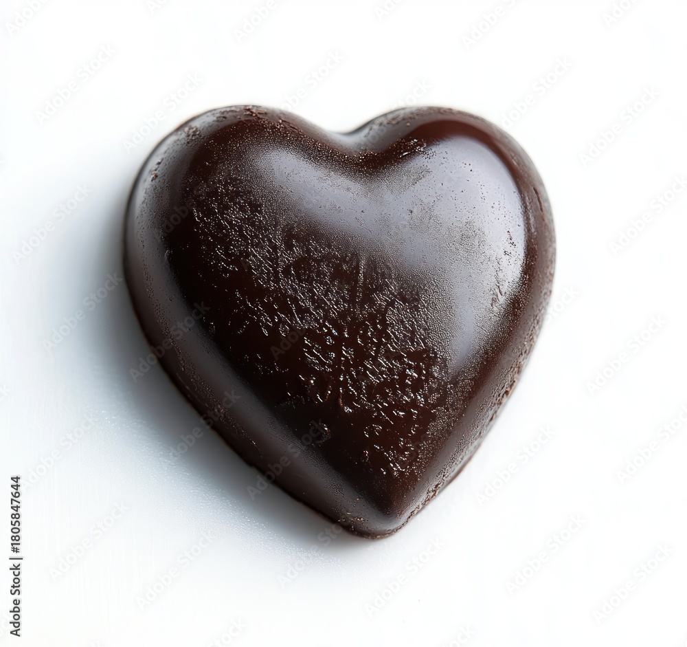 Obraz premium single heart-shaped dark chocolate on white background, glossy smooth surface with textured sheen, evoking romance, indulgence and sweet temptation