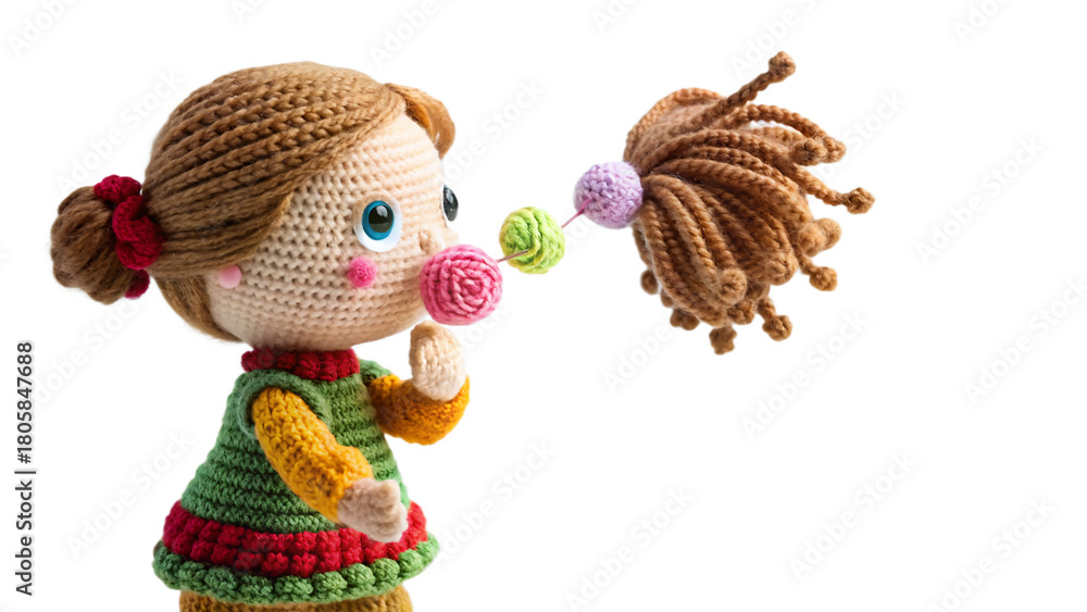 Fototapeta premium Crochet doll blowing bubble gum isolated on transparent background, handmade toy