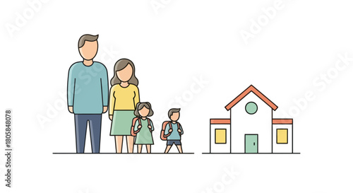 Smiling Family with Children Ready for School Adventures