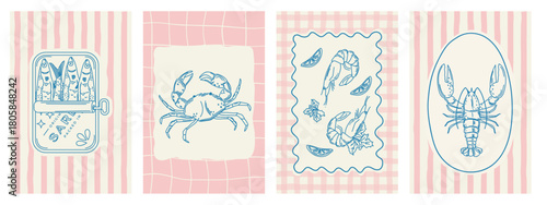 Italian sketch Coastal Cuisine.Retro style illustration of sardines, crab, lobster, and shrimp, hand-drawn.