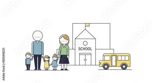 Happy Family at School Entrance with Transportation Icon Education Concept Welcome Back Home