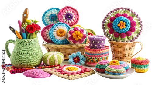 Colorful crochet collection isolated on transparent background with flowers and mugs