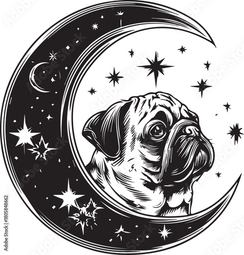 Pug in Crescent Moon: A charming pug rests serenely inside a crescent moon, surrounded by twinkling stars, creating a whimsical scene.