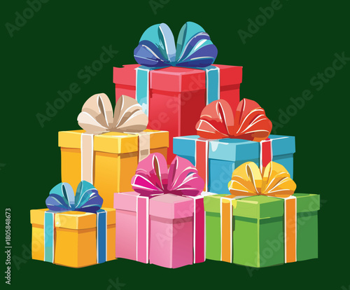 Stack of Colorful Wrapped Presents Tied with Ribbons and Bows for Generous Christmas Gifts