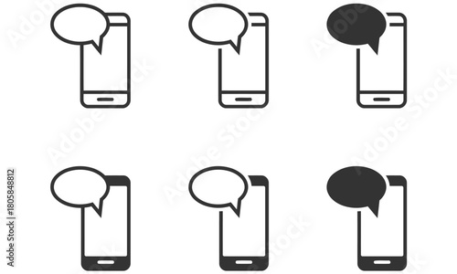 Messaging Icon Set: A modern vector illustration displaying an array of phone icons each with its own unique message bubble above, set in an aesthetic design. 