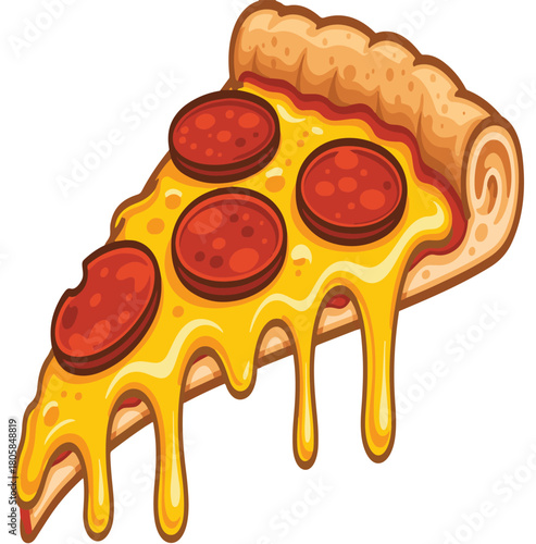 Delicious single slice of pepperoni pizza with stringy melted cheese dripping, perfect for menus and food promotions.