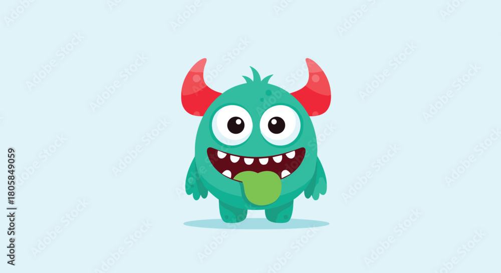 Fototapeta premium Goofy and playful teal monster character with red horns and a big smile sticking its green tongue out against a light blue background.