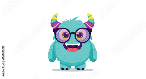 Adorable fluffy turquoise monster character with colorful rainbow horns and big purple eyeglasses smiling happily on a white background.