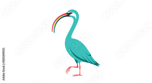 A stylized and elegant turquoise ibis bird with a beautiful long rainbow-colored beak standing on a white isolated background.