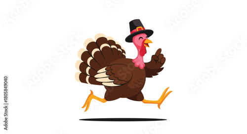 Cheerful cartoon turkey character wearing a black pilgrim hat running happily for the Thanksgiving holiday on a white background.