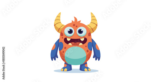 Adorable and colorful monster character in orange and blue with yellow horns and a happy smiling face on a white background.