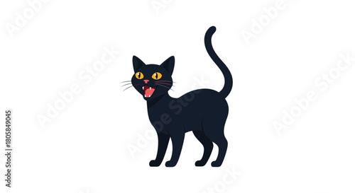 Spooky black cat character hissing with an arched back and open mouth for Halloween isolated on a clean white background.