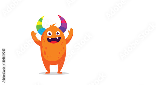 A cheerful orange monster character with vibrant rainbow-colored horns waving its arms excitedly on a white isolated background.