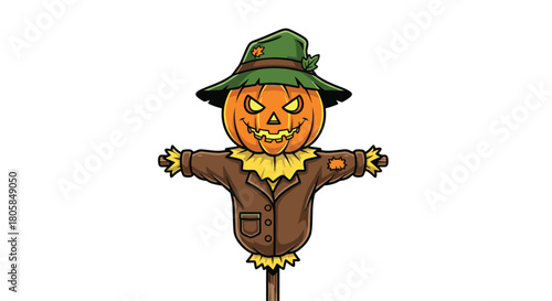 Menacing Halloween scarecrow with a scary carved pumpkin head glowing yellow eyes and a tattered green hat on a white background.