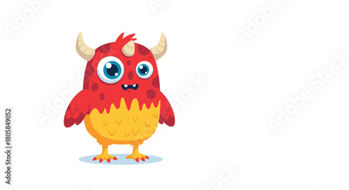 Cute red and yellow monster character with bird-like features and large blue eyes standing on a clean white isolated background.