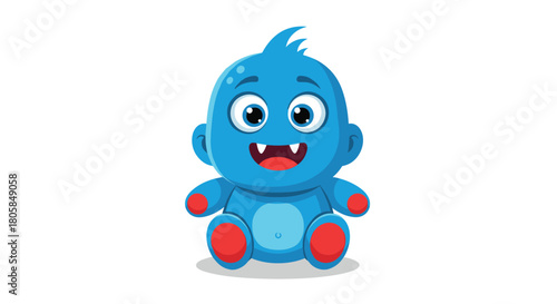 Adorable blue baby monster character with little fangs and red hands sitting down and smiling happily on a white background.