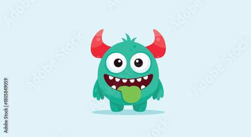 Goofy and playful teal monster character with red horns and a big smile sticking its green tongue out against a light blue background.