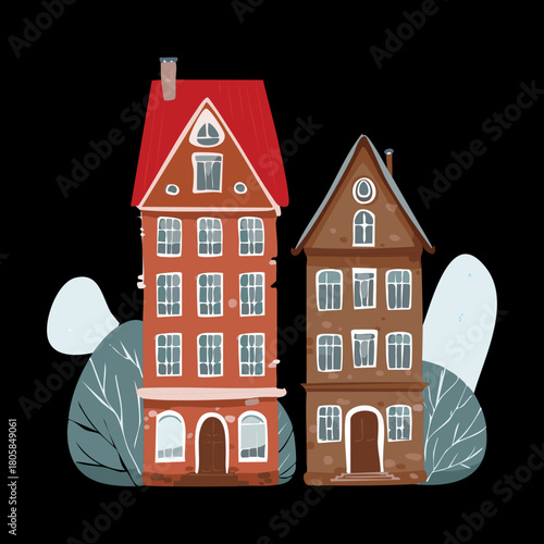 Charming European Townhouses Vector Illustration Classic Style Houses with Steep Roofs and Tall Windows Cityscape
