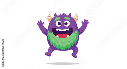 Joyful and energetic furry purple monster character with a green mane jumping happily in the air isolated on a white background.