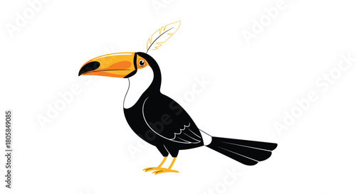 A stylized cartoon toucan with a large colorful beak and a yellow feather on its head standing on a white background.