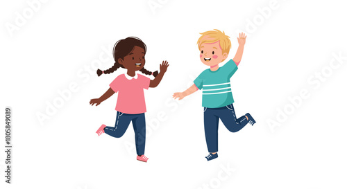 Happy diverse children a boy and a girl running and waving to each other with joyful expressions on a white background.