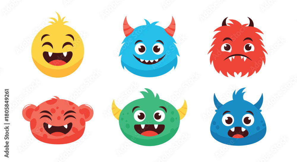 Naklejka premium A collection of six colorful and funny cartoon monster heads showing various emotions like happy sad and angry on white.