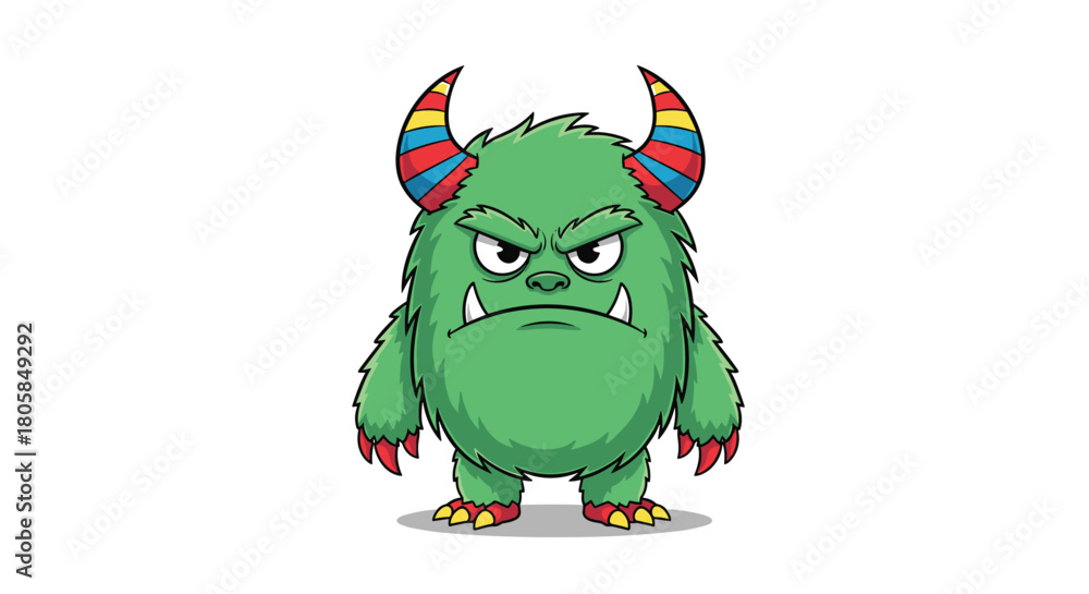 Fototapeta premium An angry and furry green monster character with colorful striped horns and a grumpy expression on a clean white background.